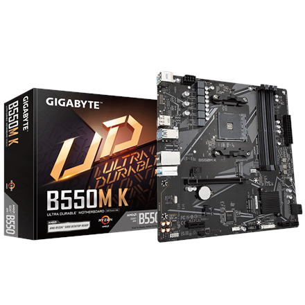 Gigabyte | B550M K 1.0 M/B | Processor family AMD | Processor socket AM4 | DDR4 DIMM | Memory slots 4 | Supported hard disk drive interfaces SATA, M.2 | Number of SATA connectors 4 | Chipset AMD B550 | Micro ATX - Image 2