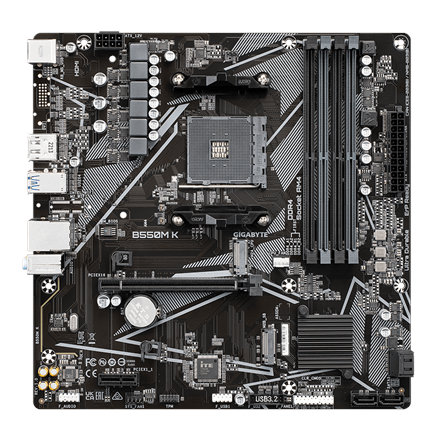Gigabyte | B550M K 1.0 M/B | Processor family AMD | Processor socket AM4 | DDR4 DIMM | Memory slots 4 | Supported hard disk drive interfaces SATA, M.2 | Number of SATA connectors 4 | Chipset AMD B550 | Micro ATX - Image 4