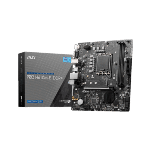 MSI | PRO H610M-E DDR4 | Processor family Intel | Processor socket LGA1700 | DDR4 DIMM | Memory slots 2 | Supported hard disk drive interfaces SATA, M.2 | Number of SATA connectors 4 | Chipset Intel H610 | Mirco-ATX