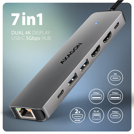 AXAGON USB-C 5Gbps DUAL 4K DISPLAY 7in1 Hub | HMC-7HX2 - Image 5