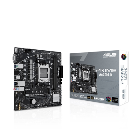 Asus | PRIME A620M-K | Processor family AMD | Processor socket AM5 | DDR5 DIMM | Memory slots 2 | Supported hard disk drive interfaces SATA, M.2 | Number of SATA connectors 4 | Chipset AMD A620 | micro-ATX - Image 2