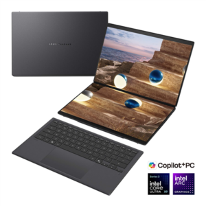 Asus | Zenbook Duo UX8407AA-SN066W | Moher Gray | 14 " | OLED | Touchscreen | 2.8K | 2880 x 1800 pixels | 144 Hz | Anti-Reflective | Intel Core Ultra X9 | 378H | 32 GB | LPDDR5X | Solid-state drive capacity 2000 GB | Intel Arc Graphics | Windows 11 Pro | 802.11be | Bluetooth version 5.4 | Keyboard language US international | Keyboard backlit | Warranty 24 month(s) | Battery warranty 12 month(s)