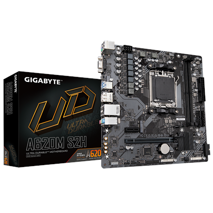 Gigabyte | A620M S2H 1.0 M/B | Processor family AMD | Processor socket AM5 | DDR5 DIMM | Memory slots 2 | Supported hard disk drive interfaces SATA, M.2 | Number of SATA connectors 4 | Chipset AMD A620 | Micro ATX - Image 2