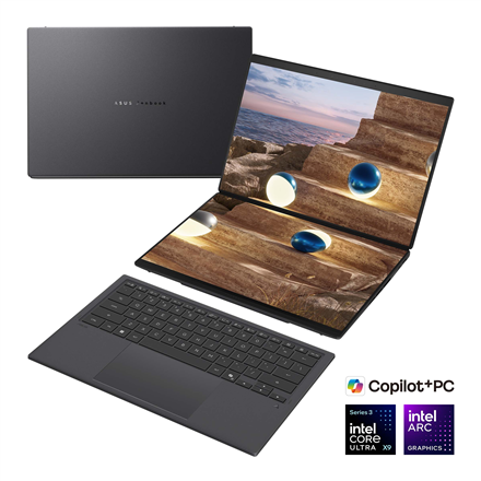 Asus Zenbook Duo UX8407AA-SN094X | Moher Gray | 14 " | OLED | Touchscreen | 2.8K | 2880 x 1800 pixels | Anti-Reflective | Intel Core Ultra 9 | 378H | 32 GB | LPDDR5X | Solid-state drive capacity 2000 GB | Intel Arc Graphics | Windows 11 Home | 802.11be | Bluetooth version 5.4 | Keyboard language US international | Keyboard backlit | Warranty 24 month(s) | Battery warranty 12 month(s) - Image 3